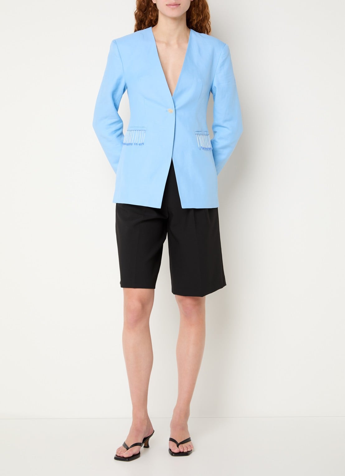 Fabienne Chapot Luz blazer in linnenblend met franjes - voorkant 4 aquablauw