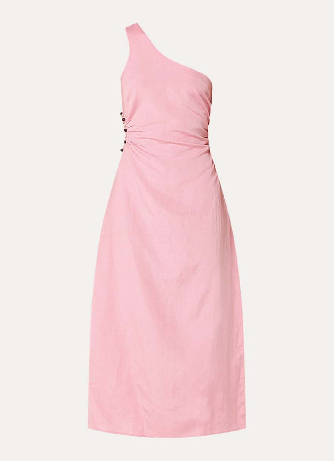 Fabienne Chapot Mandara one shoulder midi jurk in linnenblend met cut-out detail - voorkant 3 roze