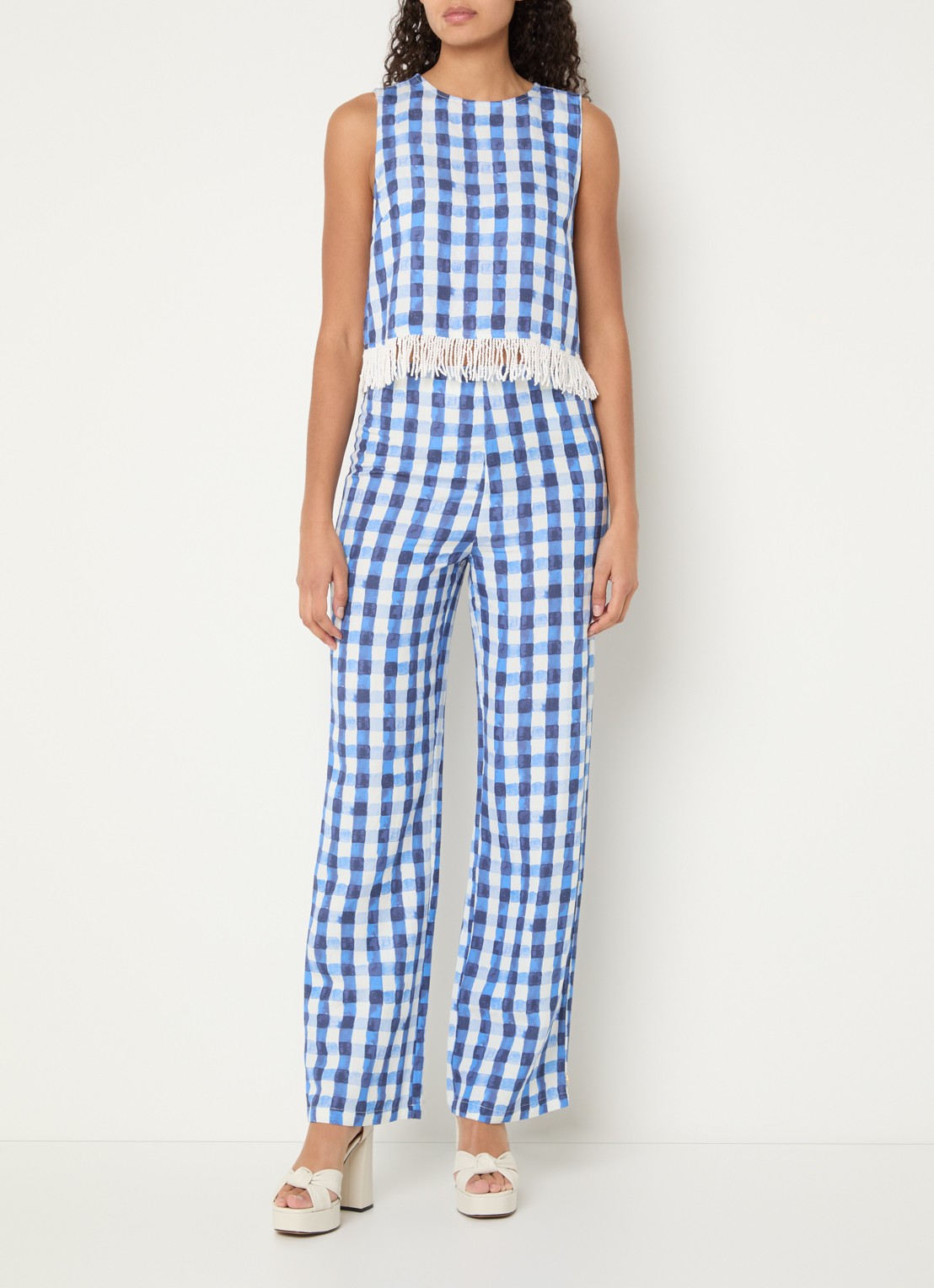 Fabienne Chapot Maxime croptop in linnenblend met ruitdessin - voorkant 2 blauw