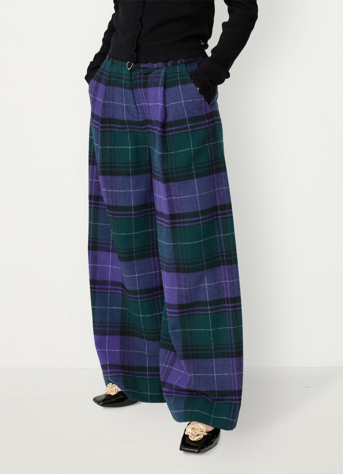 Fabienne Chapot Milan high waist wide fit pantalon in wolblend met ruitdessin  - detail paars
