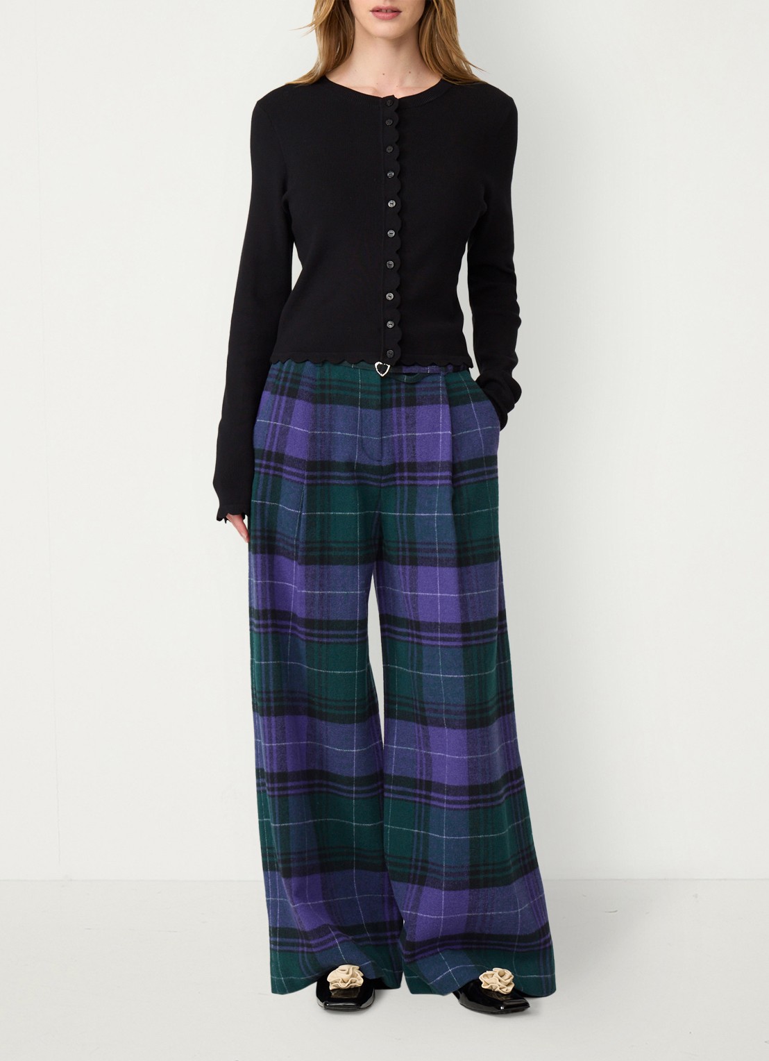 Fabienne Chapot Milan high waist wide fit pantalon in wolblend met ruitdessin  - voorkant 4 paars
