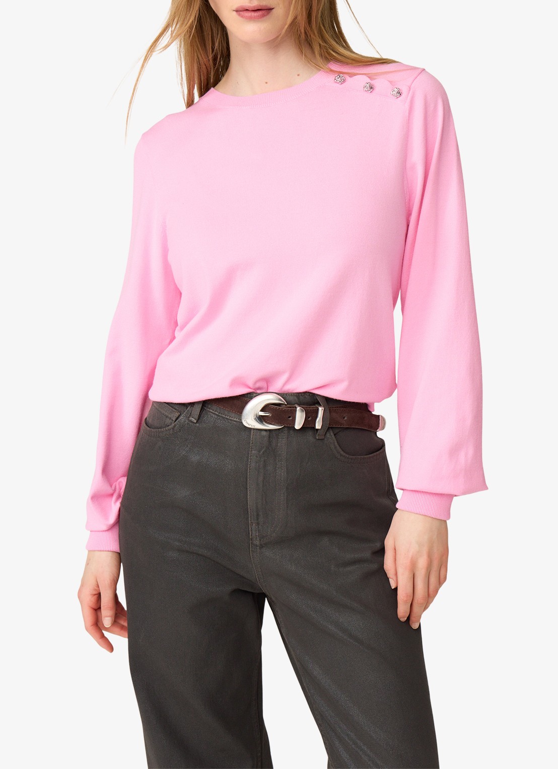 Fabienne Chapot Molly Cuff fijngebreide pullover met sierknopen - detail roze