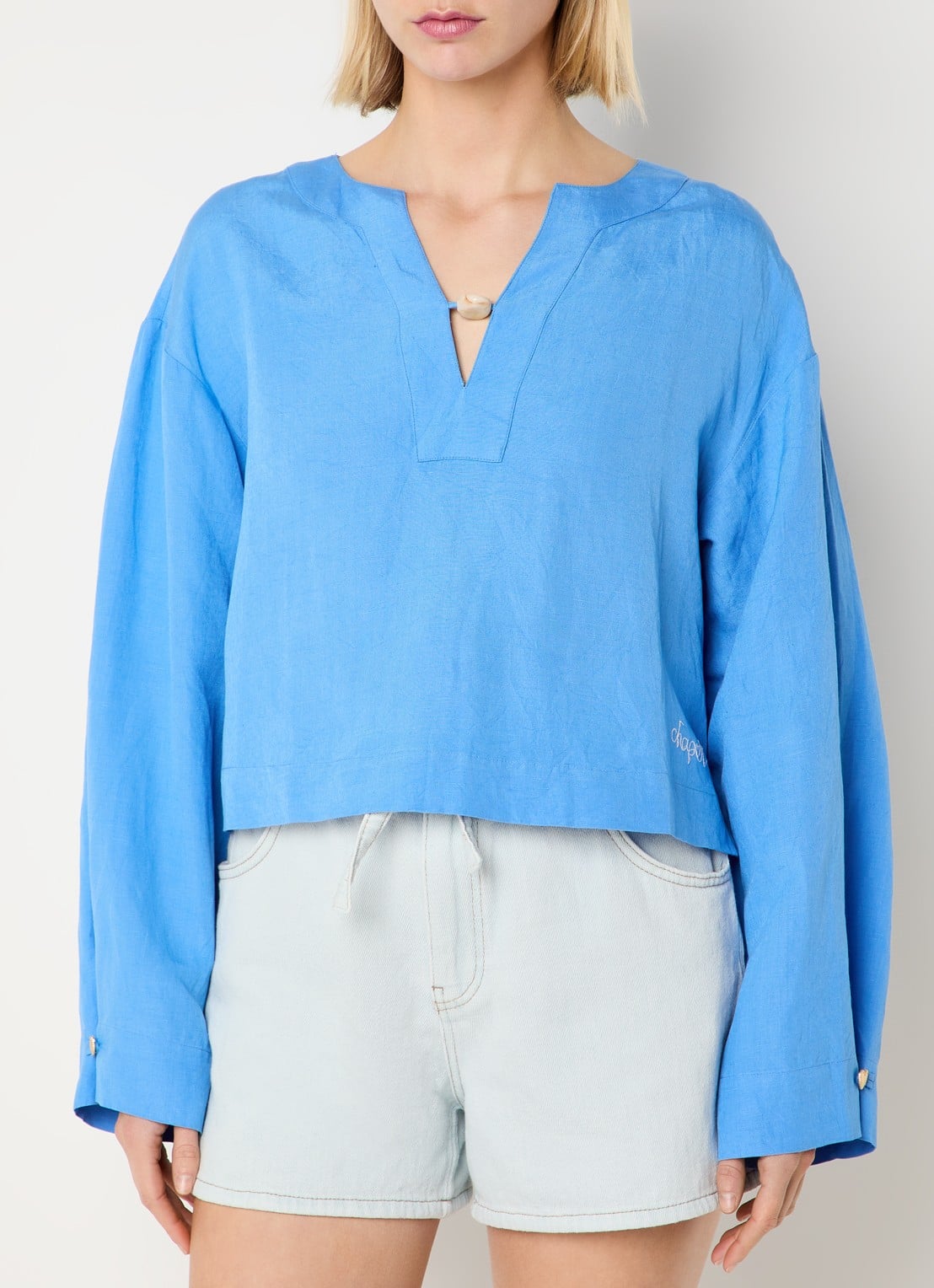 Fabienne Chapot Nana tuniek in linnenblend met V-hals - detail 4 blauw