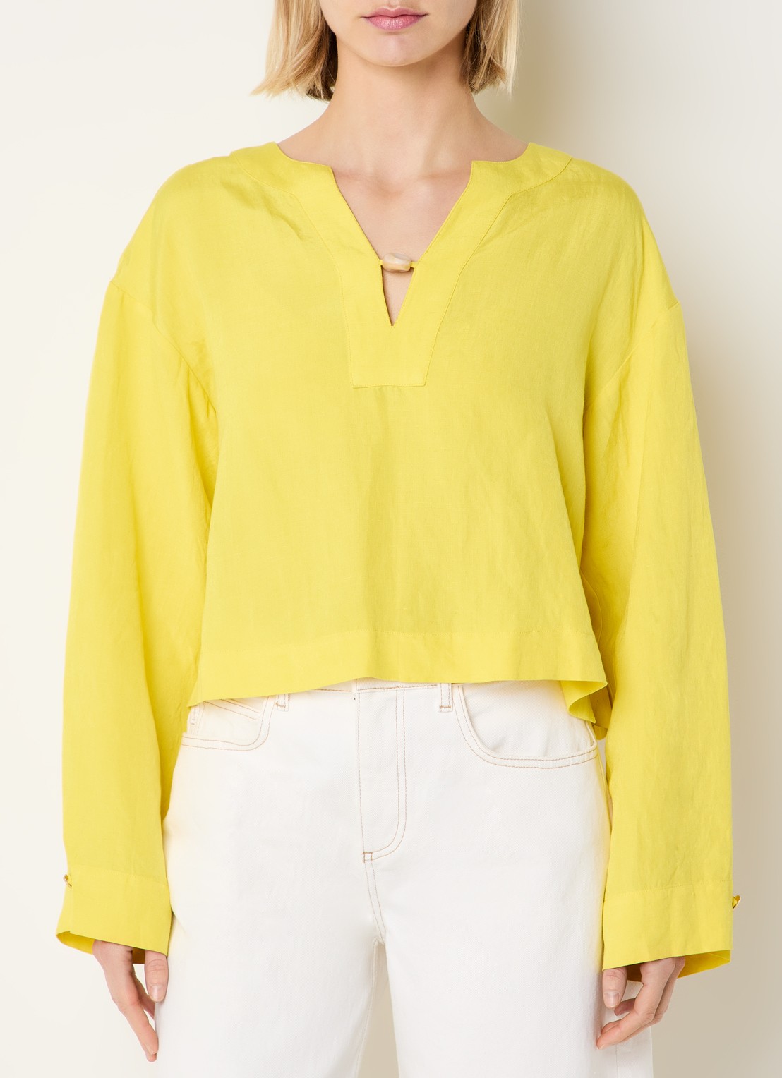 Fabienne Chapot Nana tuniek in linnenblend met V-hals - detail 3 geel