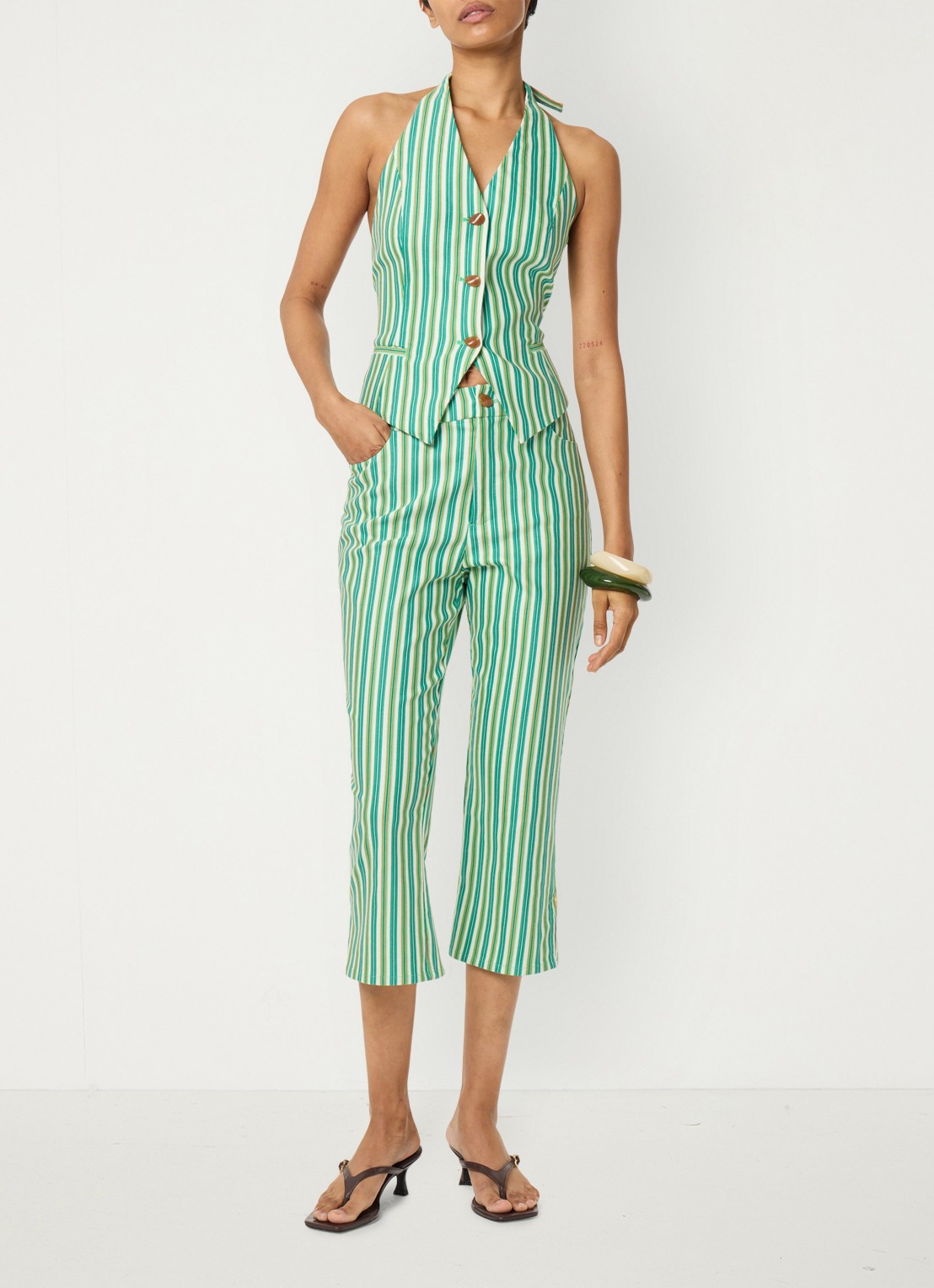 Fabienne Chapot Nazare gilet met streepprint en rugdecolleté - voorkant 2 groen
