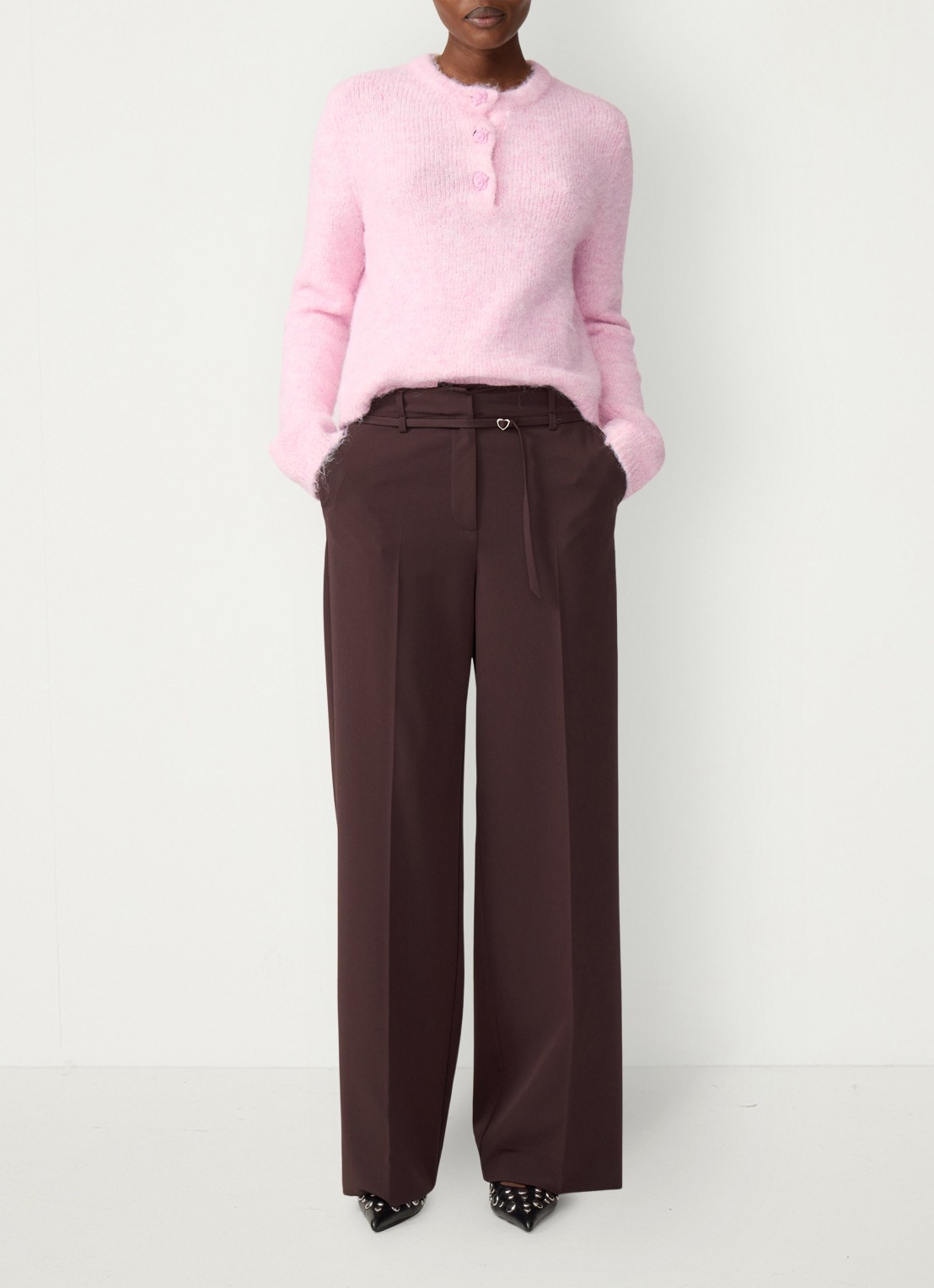 Fabienne Chapot Nelsan high waist wide fit pantalon met ceintuur - voorkant 3 chocoladebruin
