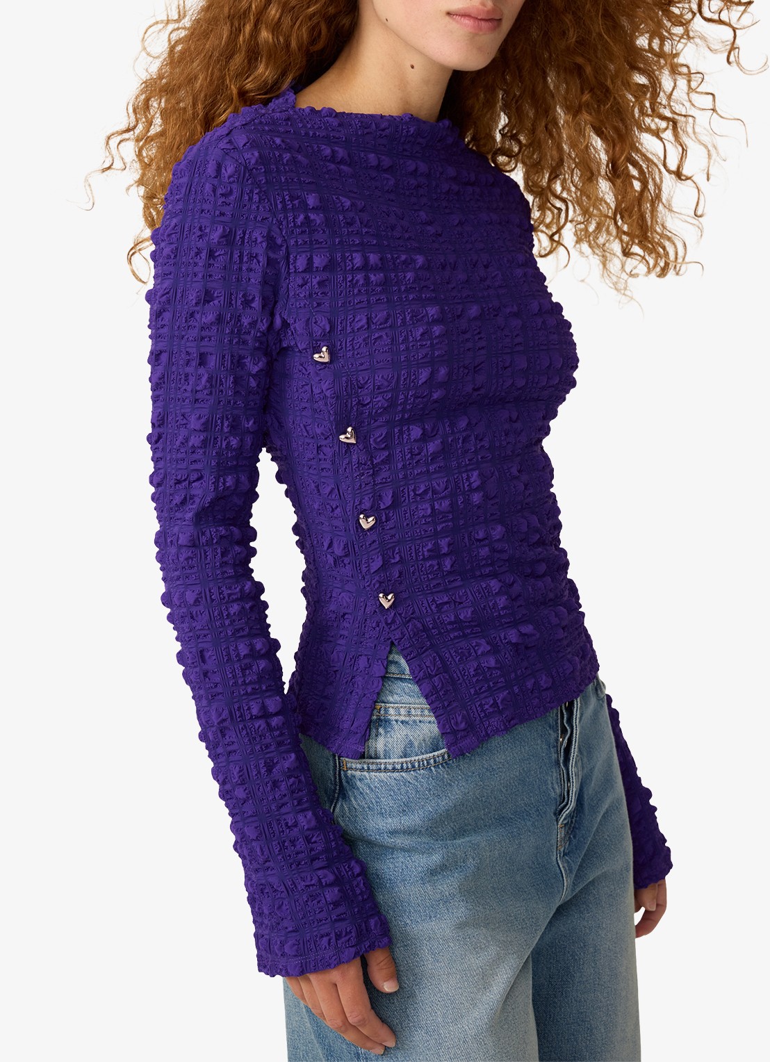 Fabienne Chapot Ola top met  asymmetrische split en boothals - detail paars