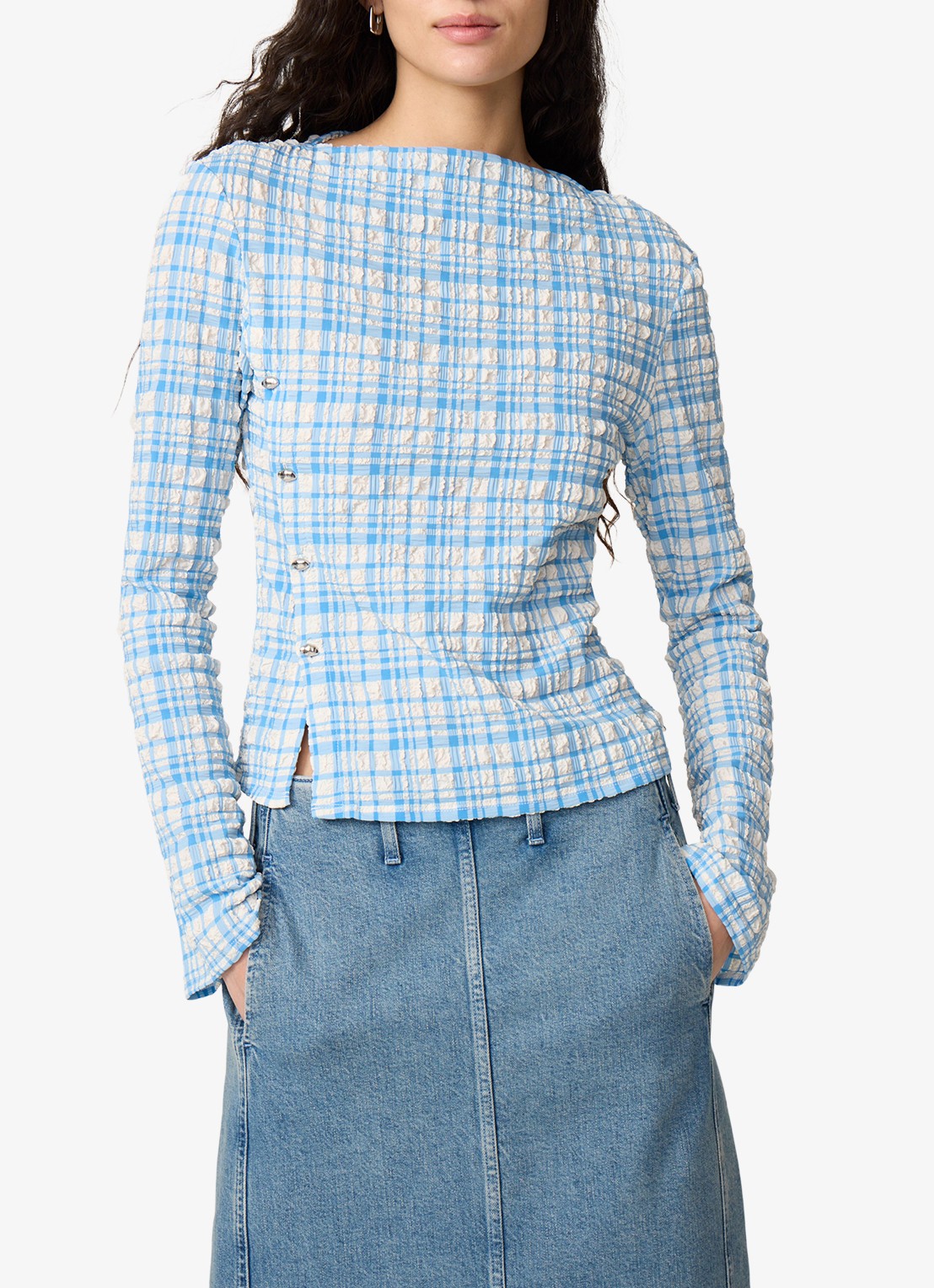 Fabienne Chapot Ola top met ruitdessin en structuur - detail 3 blauw