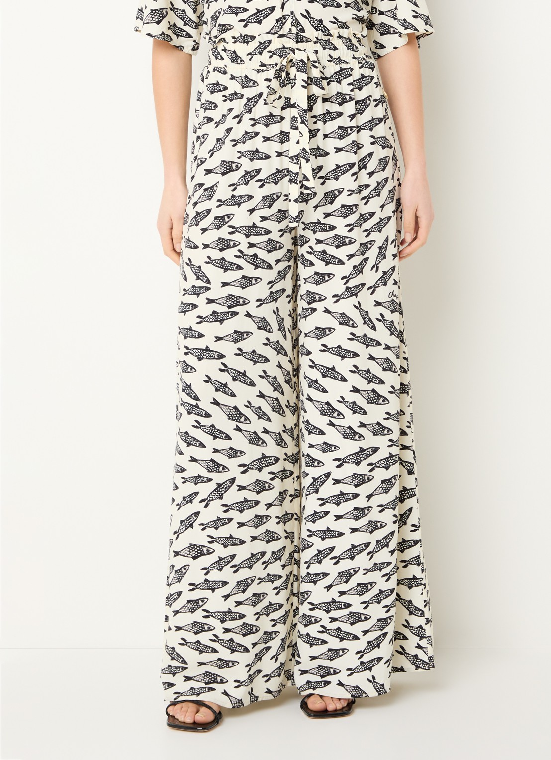 Fabienne Chapot Palapa high waist wide fit palazzo broek met print - detail gebroken wit