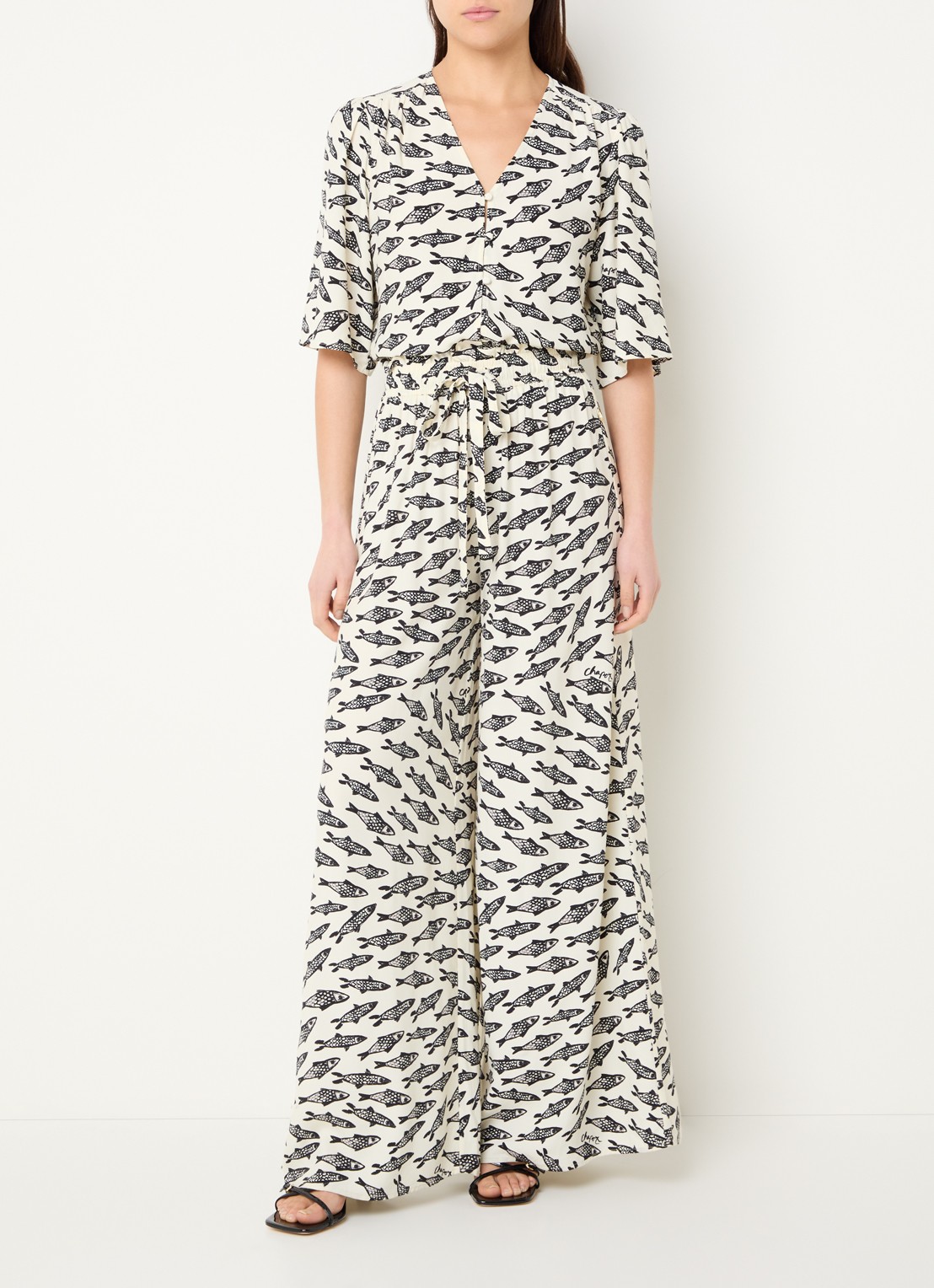 Fabienne Chapot Palapa high waist wide fit palazzo broek met print - voorkant 4 gebroken wit