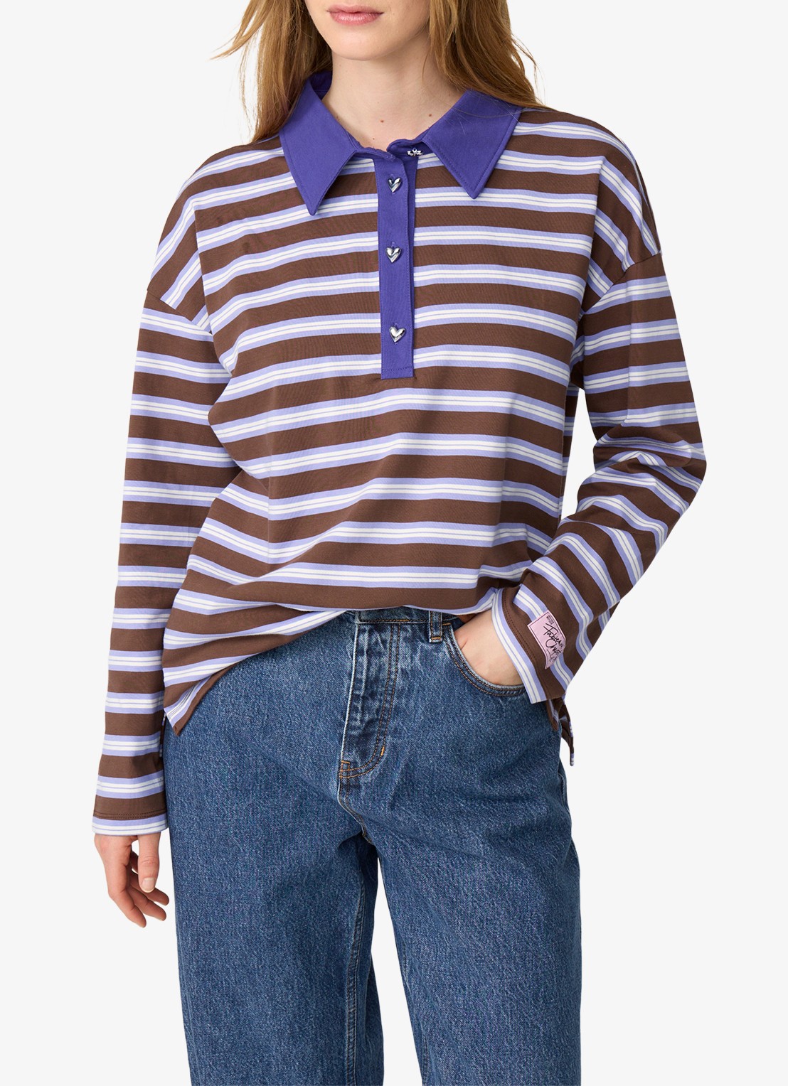 Fabienne Chapot Paula sweater met streepprint en polokraag - detail bruin