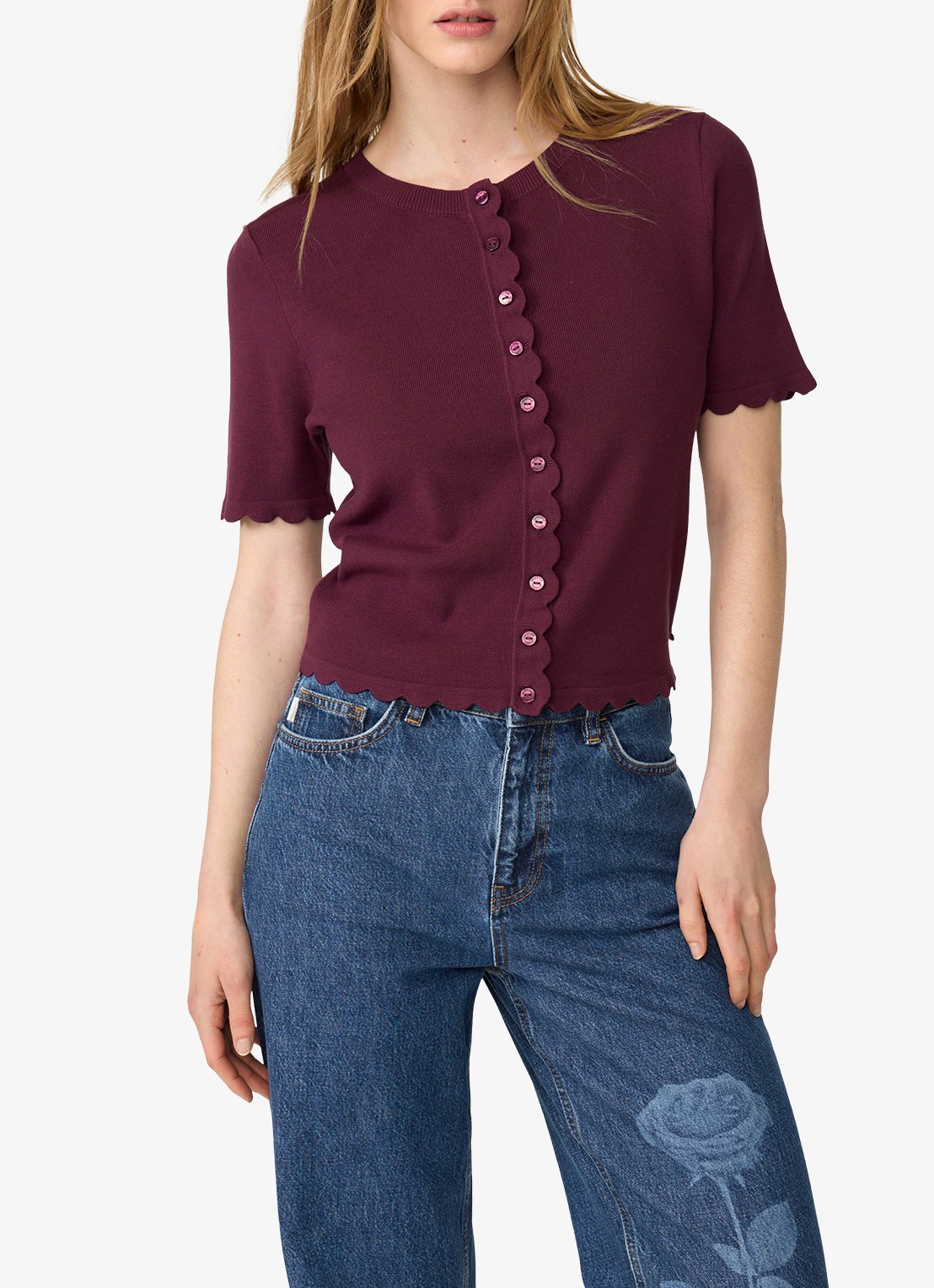 Fabienne Chapot Scarlett fijngebreid vest met ronde hals - detail 3 bordeauxrood