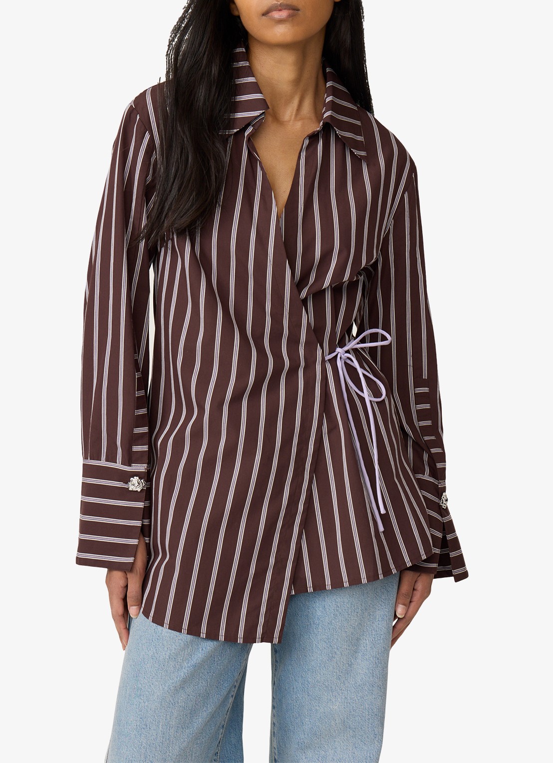 Fabienne Chapot Tamar blouse met streepprint en overslag - detail 2 donkerbruin