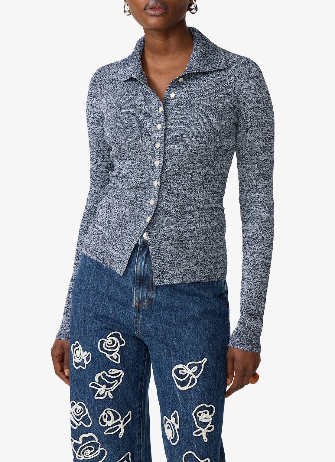 Fabienne Chapot Tilda fijngebreid vest met kraag - detail donkerblauw