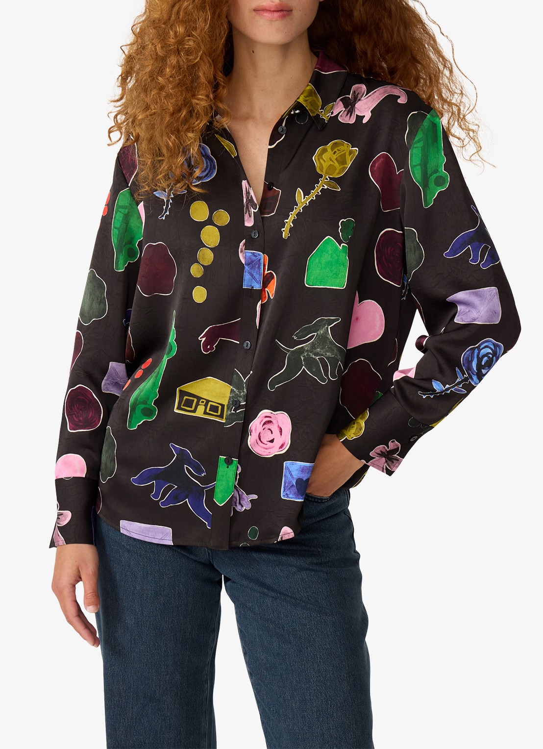 Fabienne Chapot Tony blouse van satijn met print - detail 4 zwart