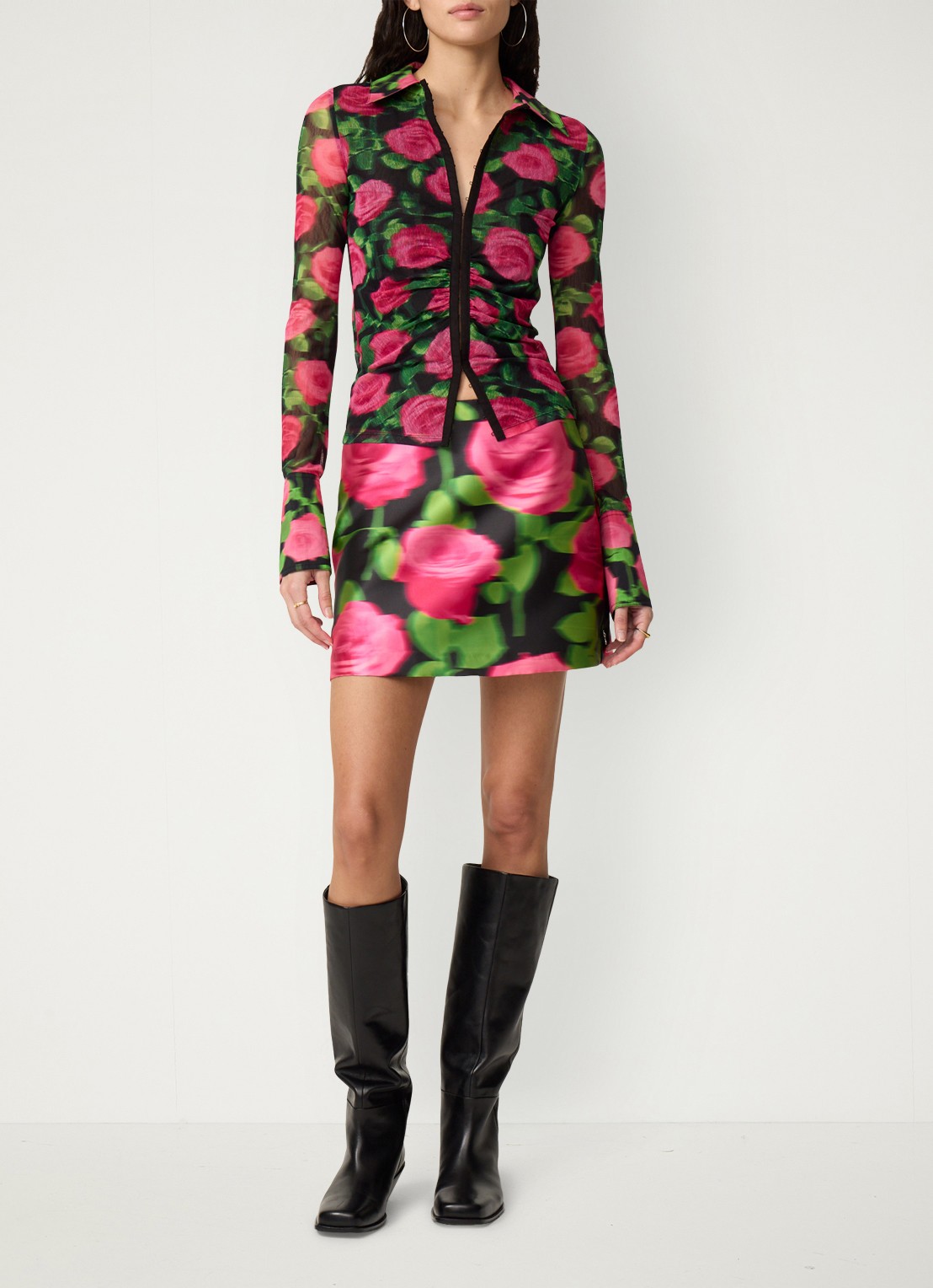 Fabienne Chapot Yanna blouse van mesh met bloemenprint - voorkant 5 fuchsia