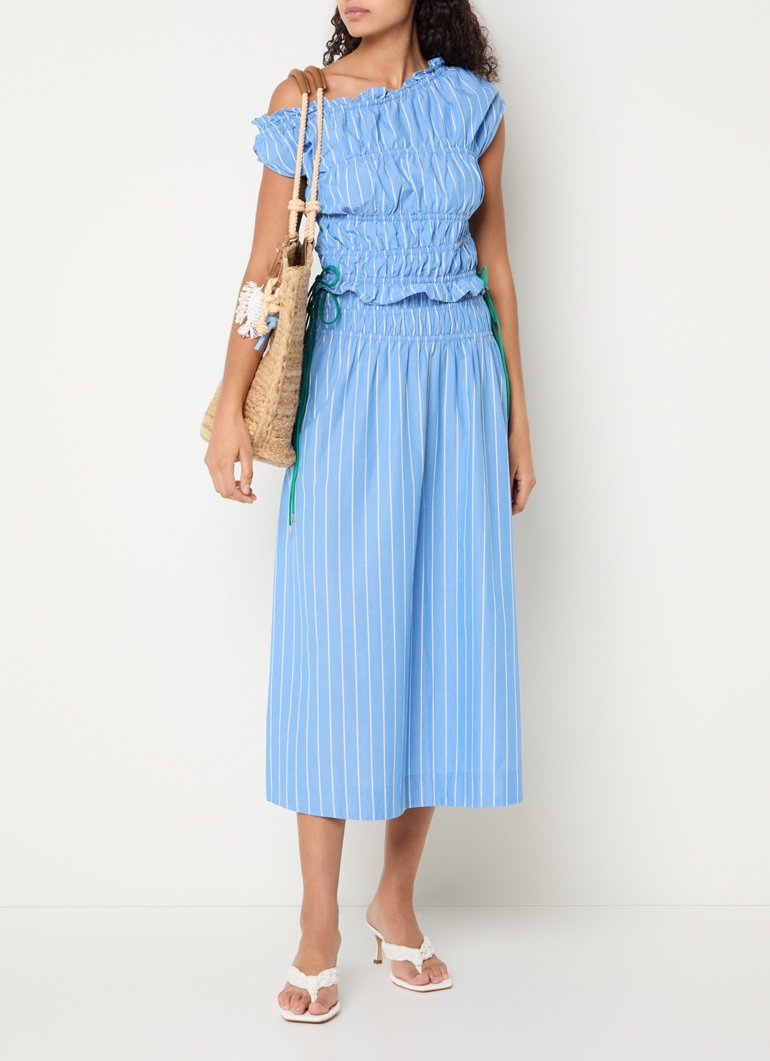 Fabienne Chapot Yoko midi rok met streepprint en strikdetail - voorkant 2 lichtblauw