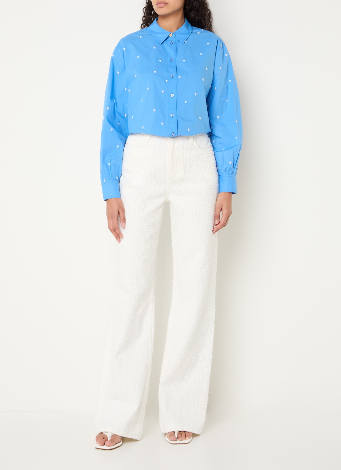 Fabienne Chapot Zoe high waist loose fit pantalon met  structuur - voorkant 3 creme