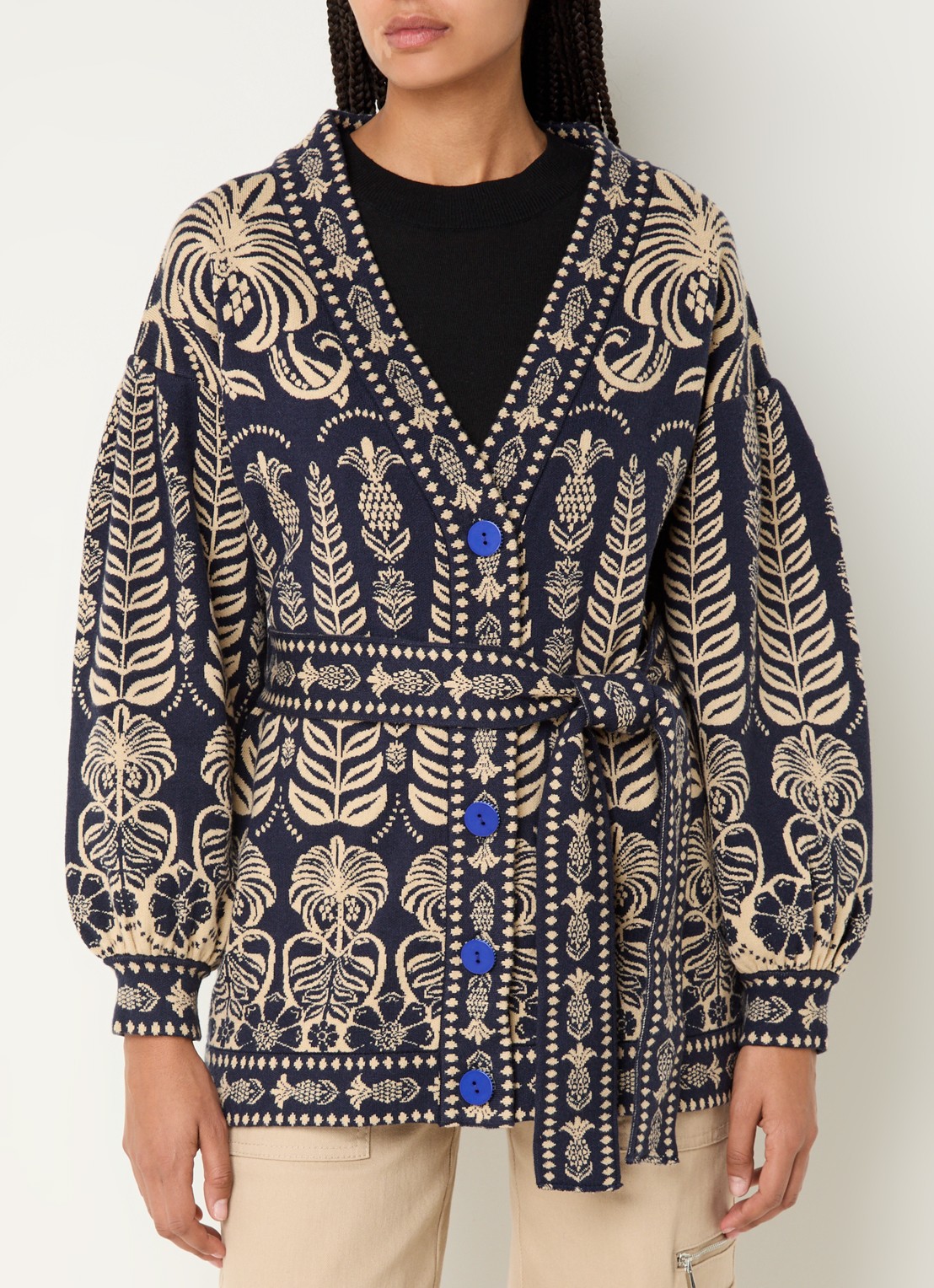Farm Rio Ainika fijngebreid vest met strikceintuur en ingebreid patroon - detail 4 donkerblauw