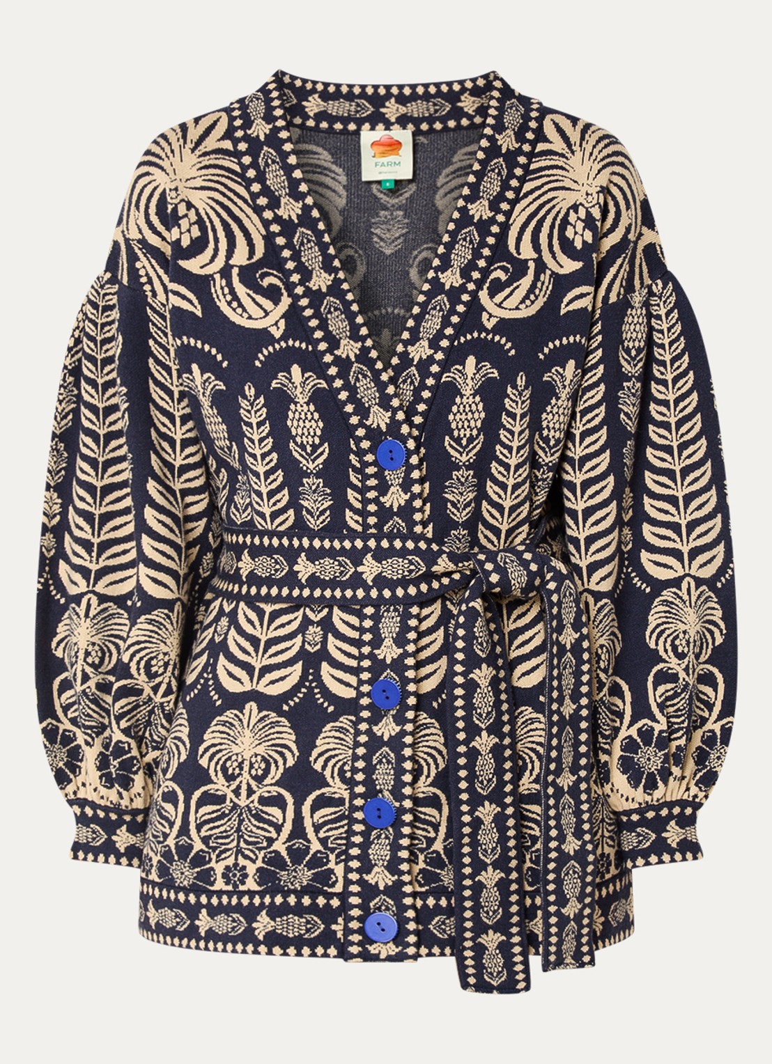 Farm Rio Ainika fijngebreid vest met strikceintuur en ingebreid patroon - voorkant 2 donkerblauw