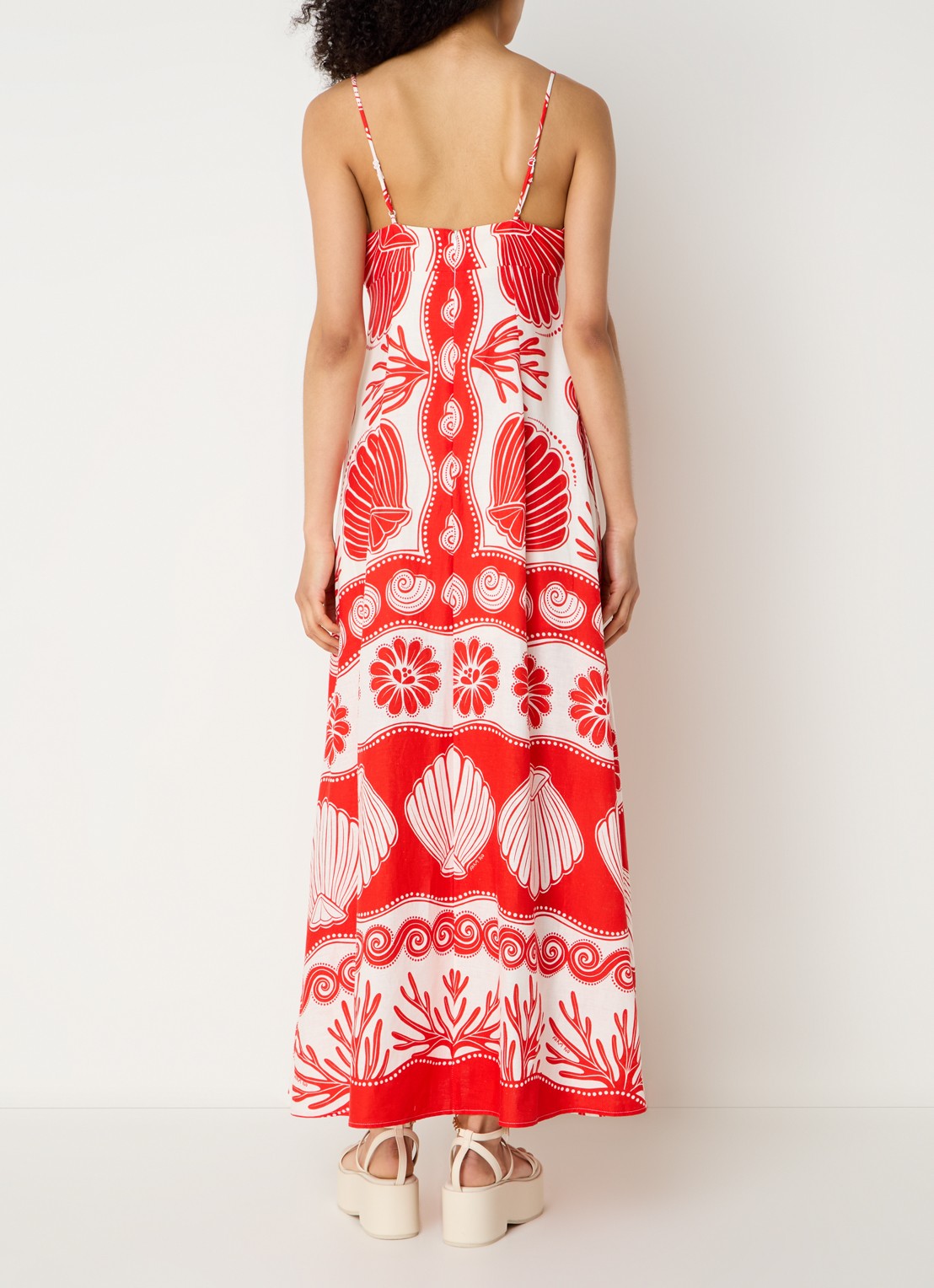 Farm Rio Ainika maxi jurk in linnenblend met bladprint - achterkant 5 koraalrood