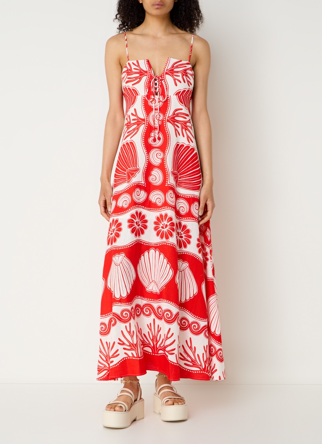 Farm Rio Ainika maxi jurk in linnenblend met bladprint - detail koraalrood