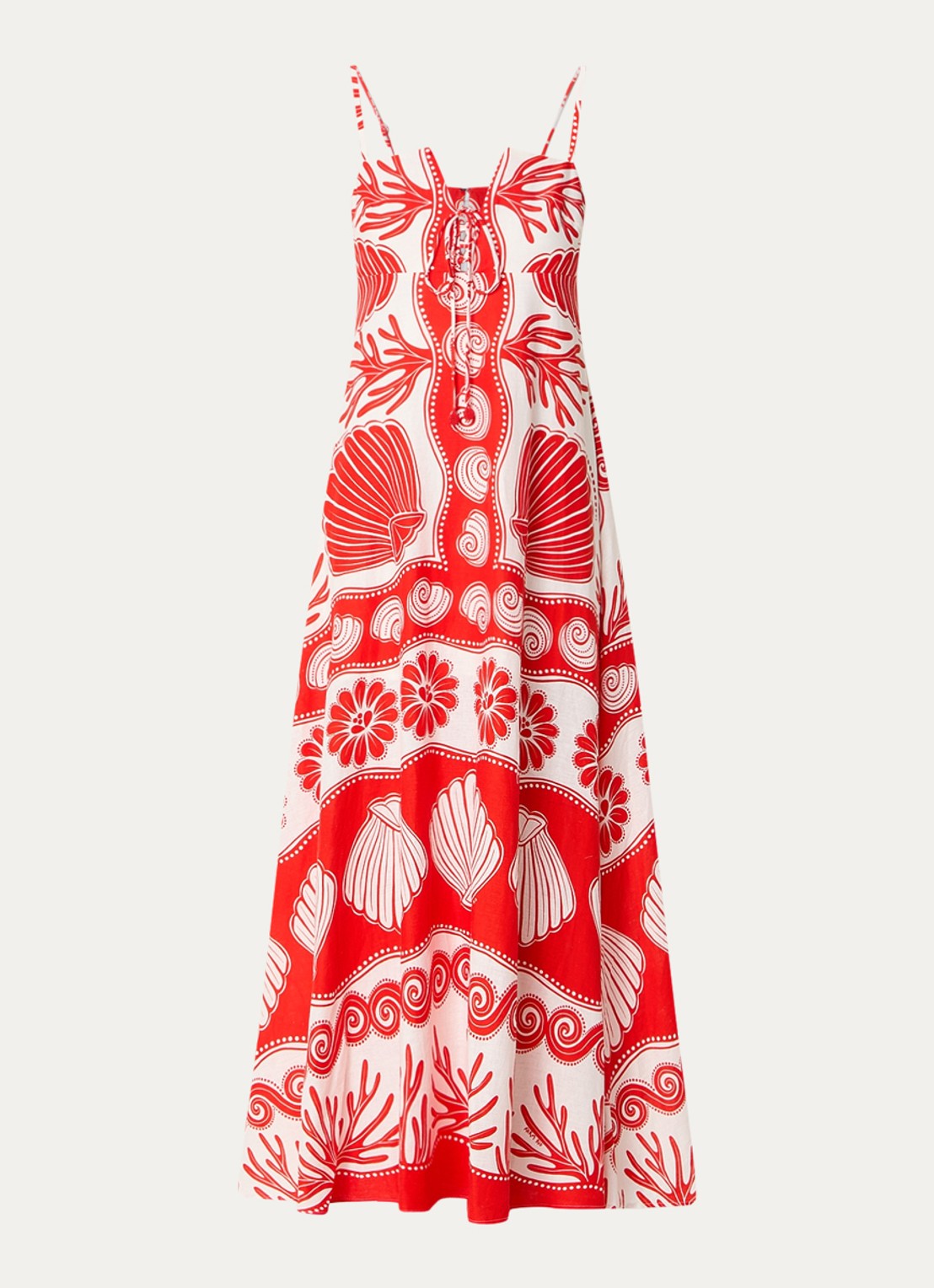 Farm Rio Ainika maxi jurk in linnenblend met bladprint - voorkant 3 koraalrood