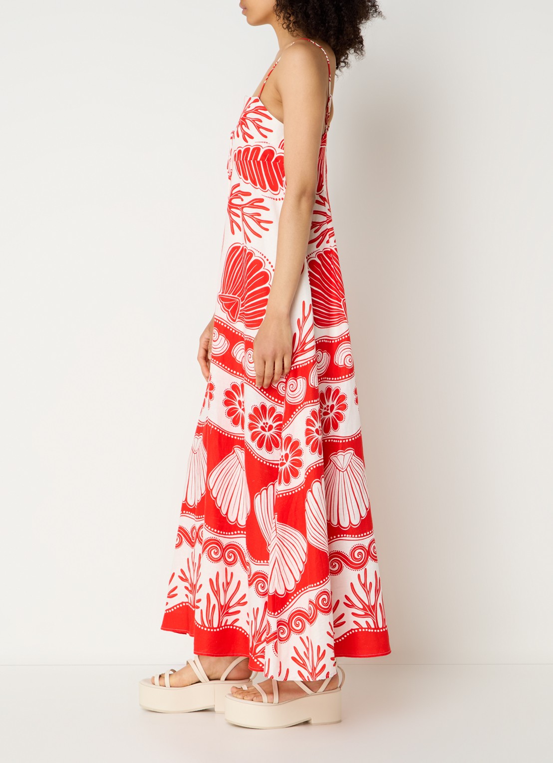 Farm Rio Ainika maxi jurk in linnenblend met bladprint - voorkant 4 koraalrood