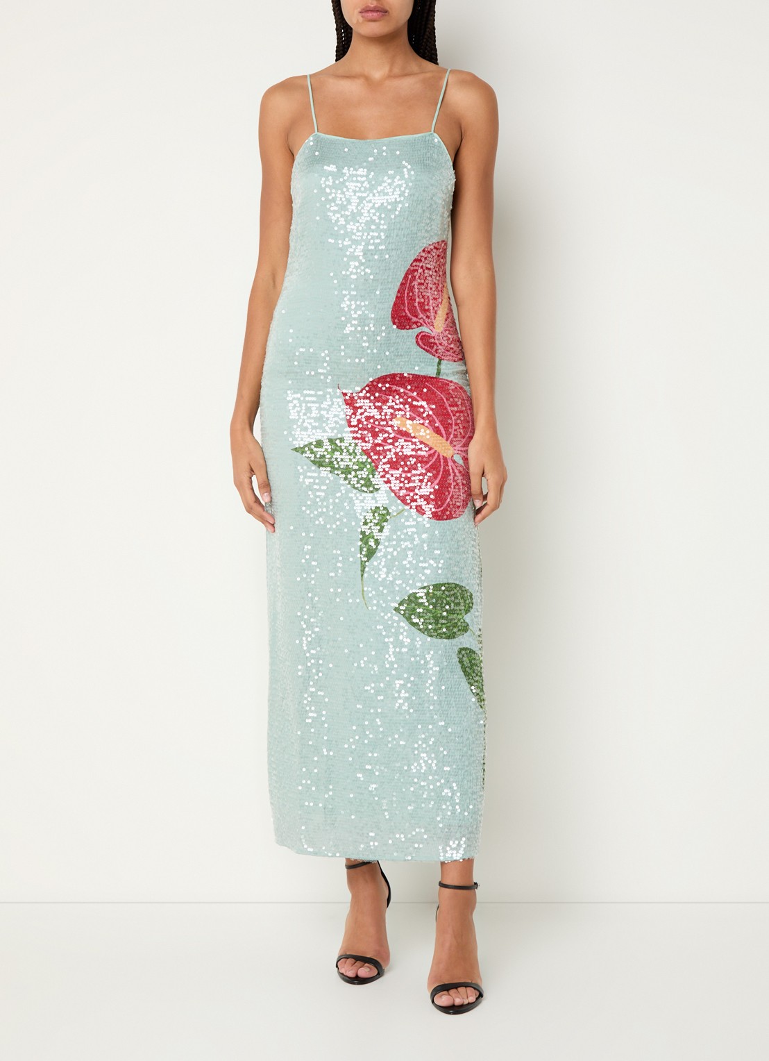 Farm Rio Anthurium midi jurk met pailletten en split - detail lichtblauw