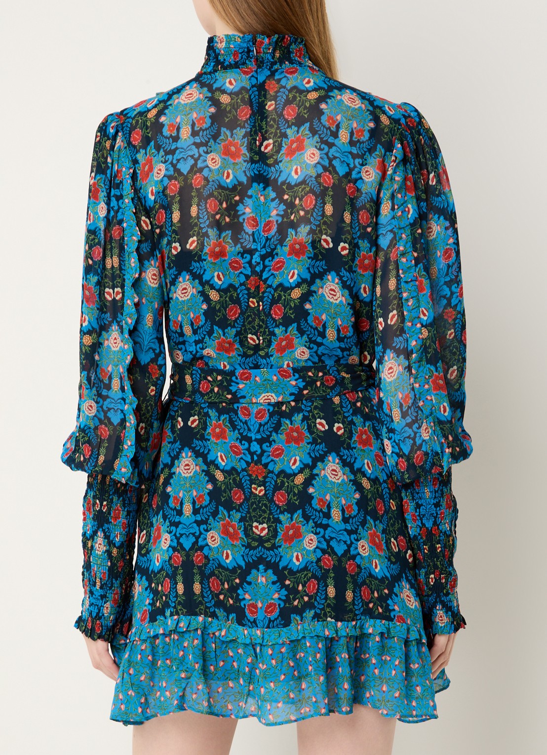 Farm Rio Arabesque semi-transparante mini jurk met strikceintuur - achterkant 4 blauw