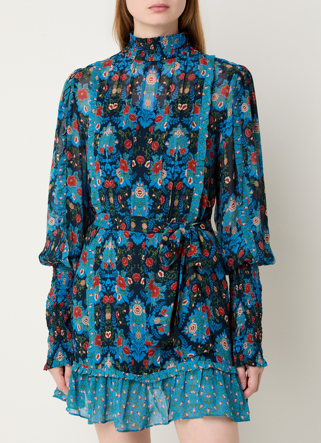 Farm Rio Arabesque semi-transparante mini jurk met strikceintuur - detail 3 blauw