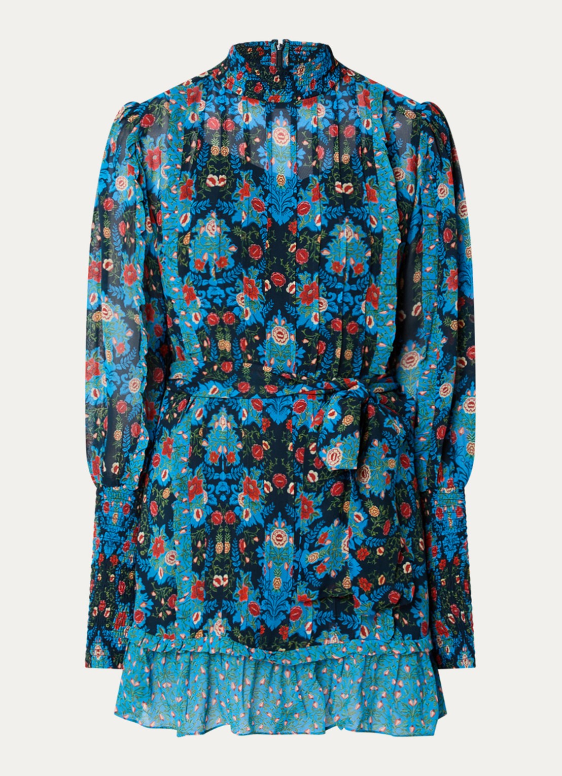 Farm Rio Arabesque semi-transparante mini jurk met strikceintuur - voorkant blauw
