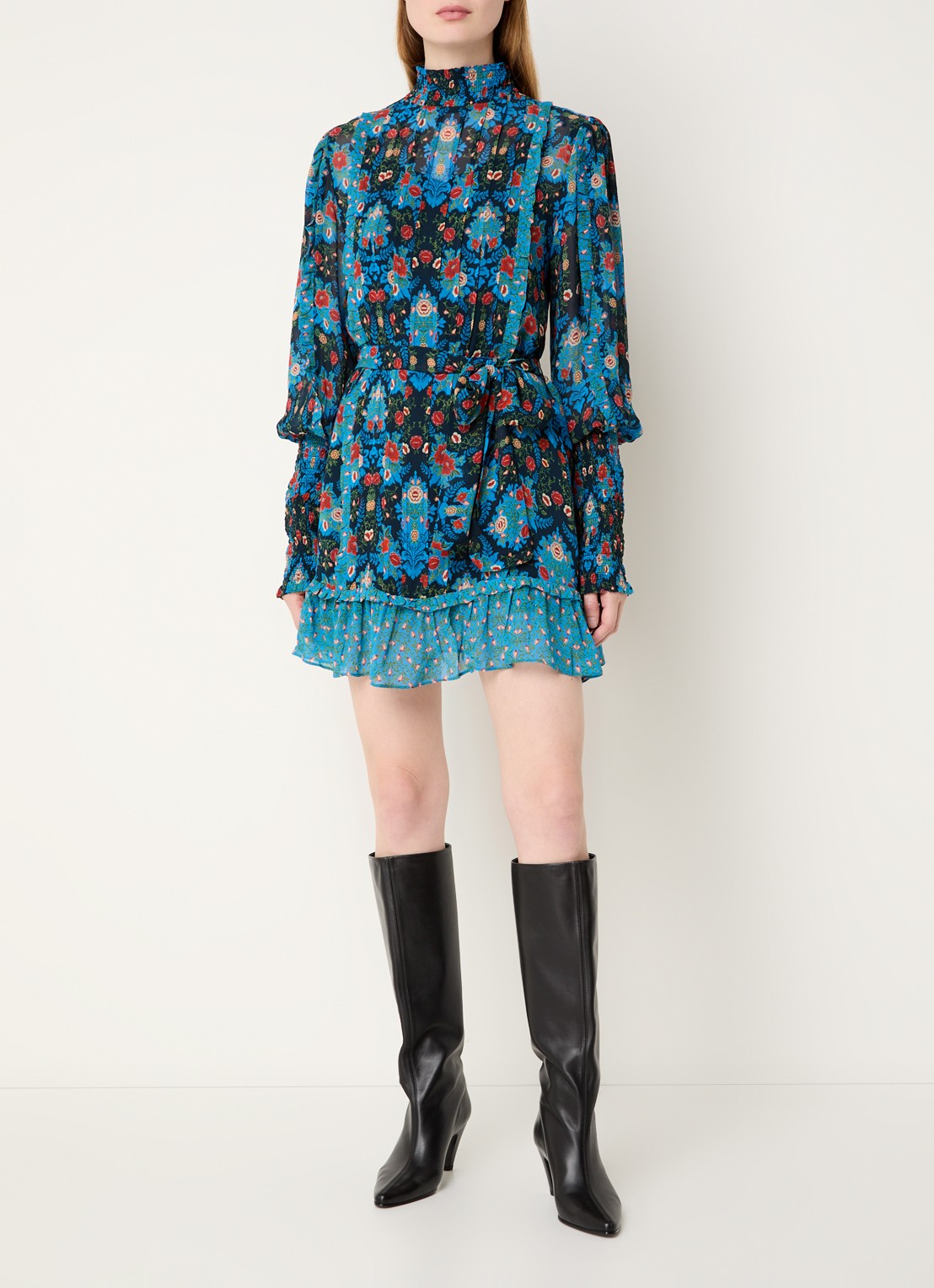 Farm Rio Arabesque semi-transparante mini jurk met strikceintuur - voorkant 2 blauw
