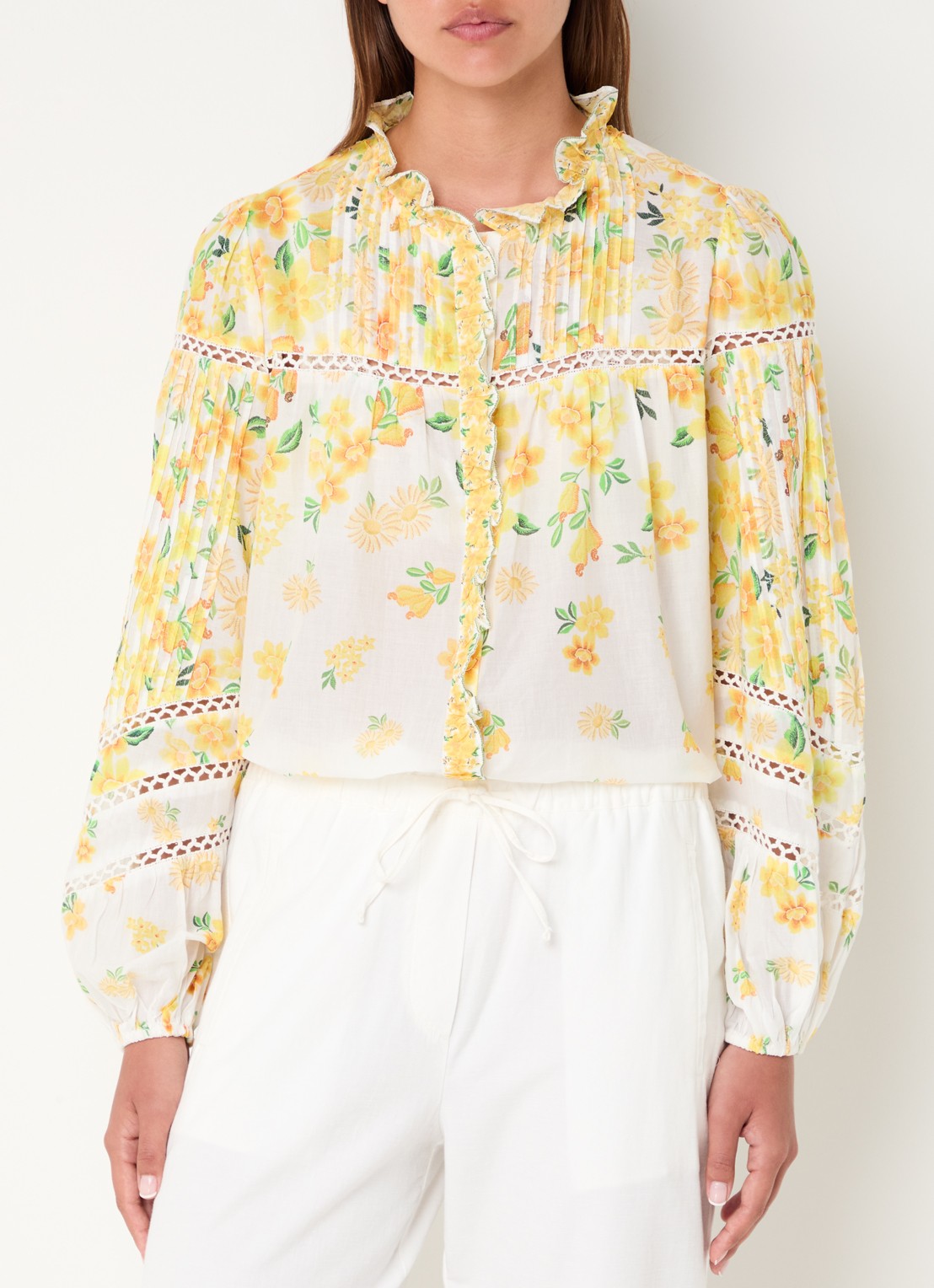 Farm Rio Azaleia blouse met bloemenprint en opengewerkt detail - detail 4 geel