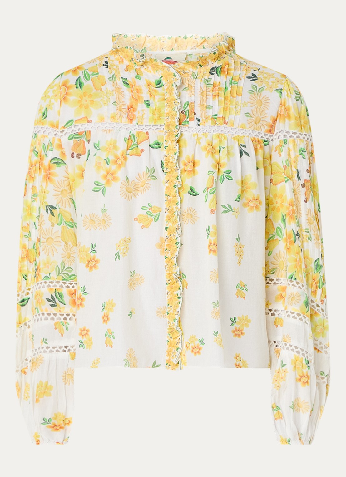 Farm Rio Azaleia blouse met bloemenprint en opengewerkt detail - voorkant geel