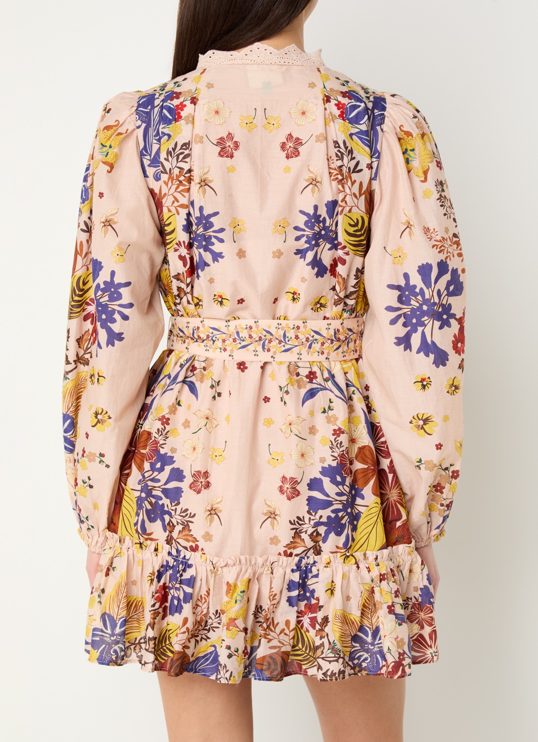 Farm Rio Beauty Bouquet mini blousejurk met bloemenprint en ceintuur - achterkant oudroze