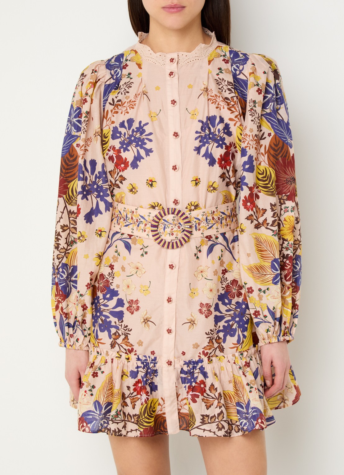 Farm Rio Beauty Bouquet mini blousejurk met bloemenprint en ceintuur - detail 4 oudroze