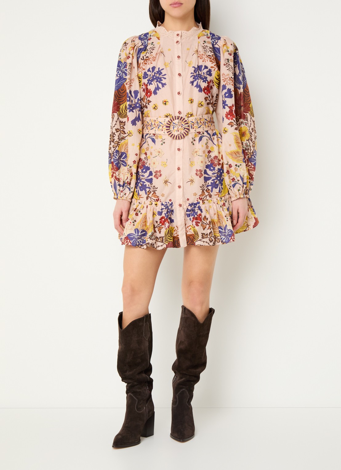 Farm Rio Beauty Bouquet mini blousejurk met bloemenprint en ceintuur - voorkant 3 oudroze