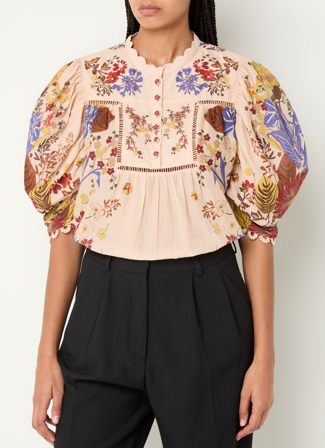 Farm Rio Beauty Bouquet tuniek met pofmouw en bloemenprint - detail 4 zalmroze