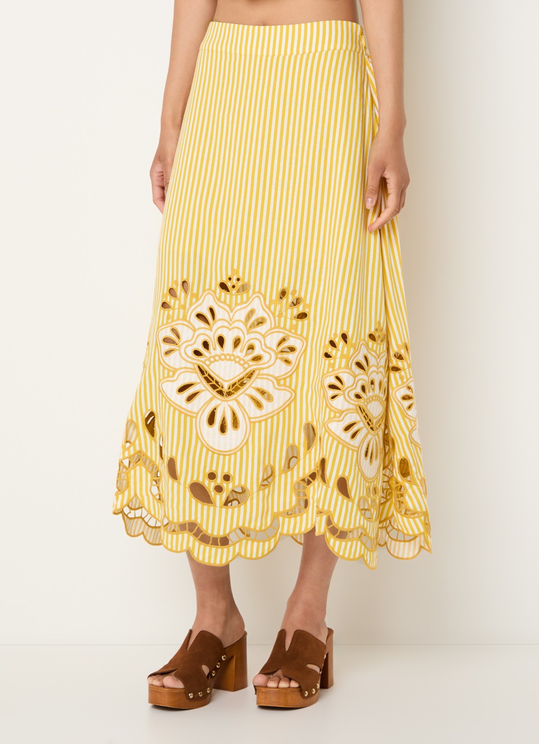Farm Rio Bicolor midi rok in linnenblend met streepprint - detail 3 geel