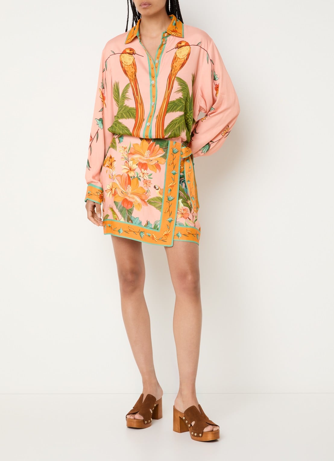 Farm Rio Birds minirok met print - voorkant 2 oranje