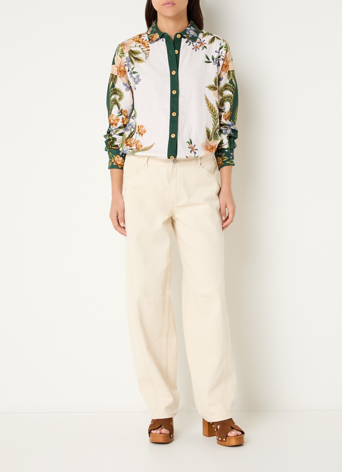 Farm Rio Blouse in linnenblend met bladprint - voorkant 4 donkergroen