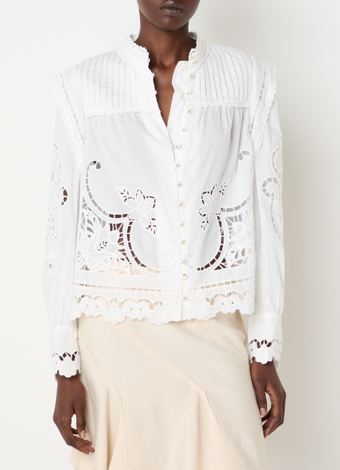 Farm Rio Blouse met broderie en plooidetail - detail gebroken wit