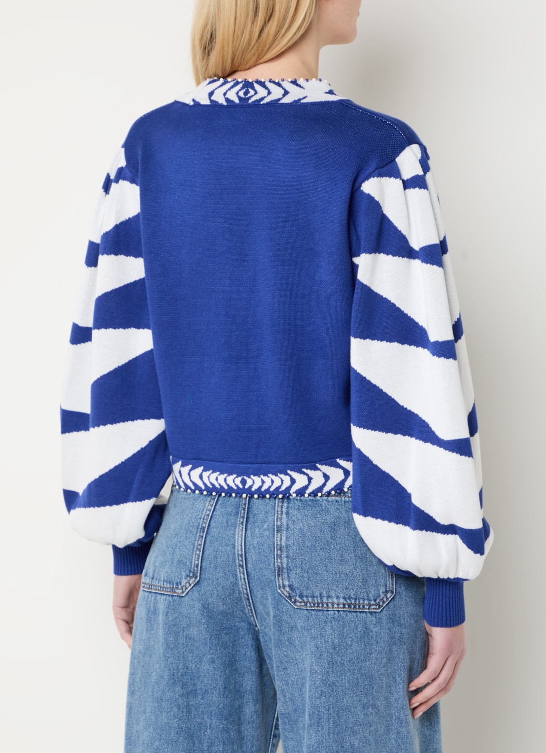 Farm Rio Blue Palm fijngebreid vest met bladprint - achterkant 3 royalblauw
