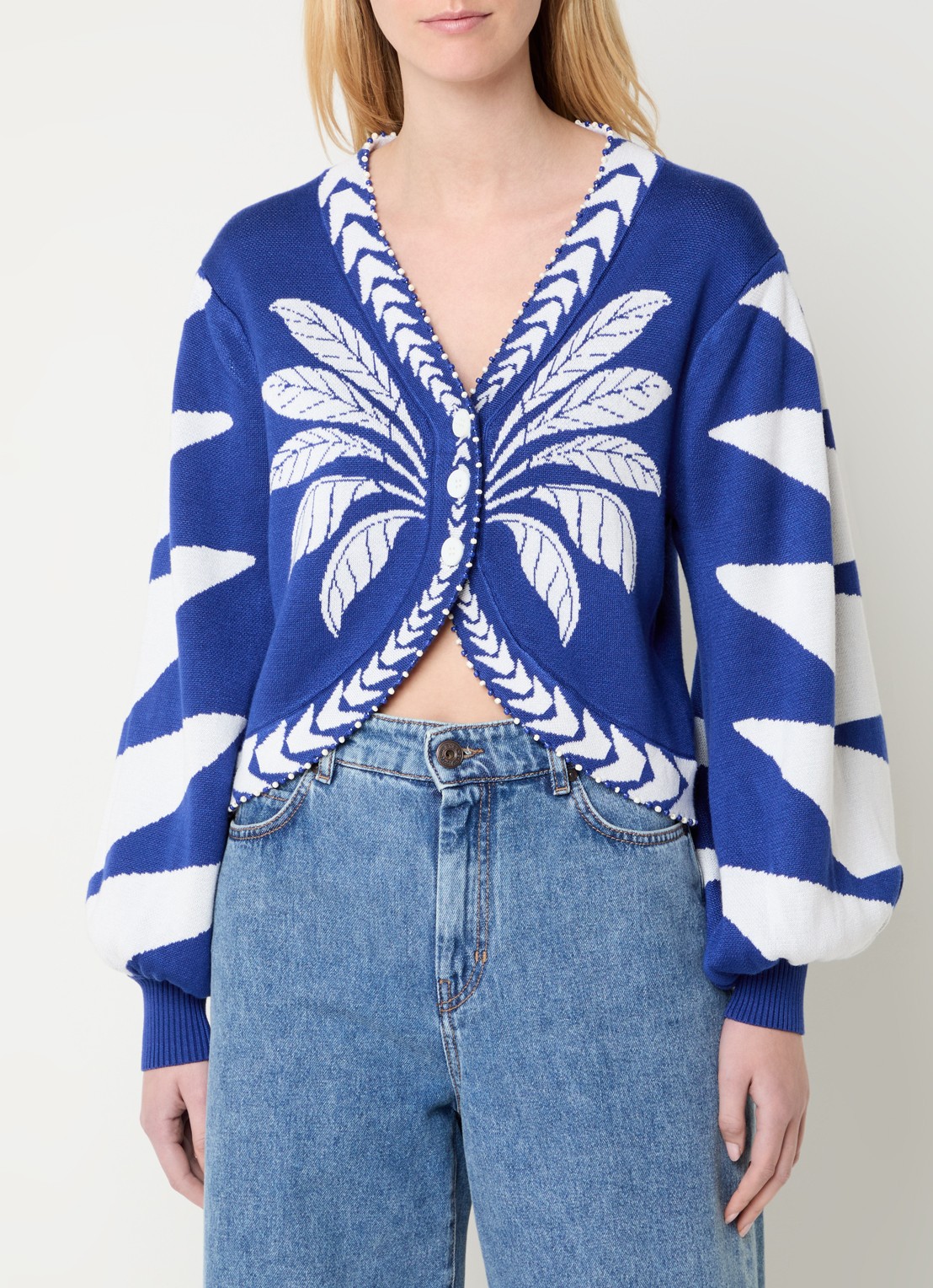 Farm Rio Blue Palm fijngebreid vest met bladprint - detail 4 royalblauw