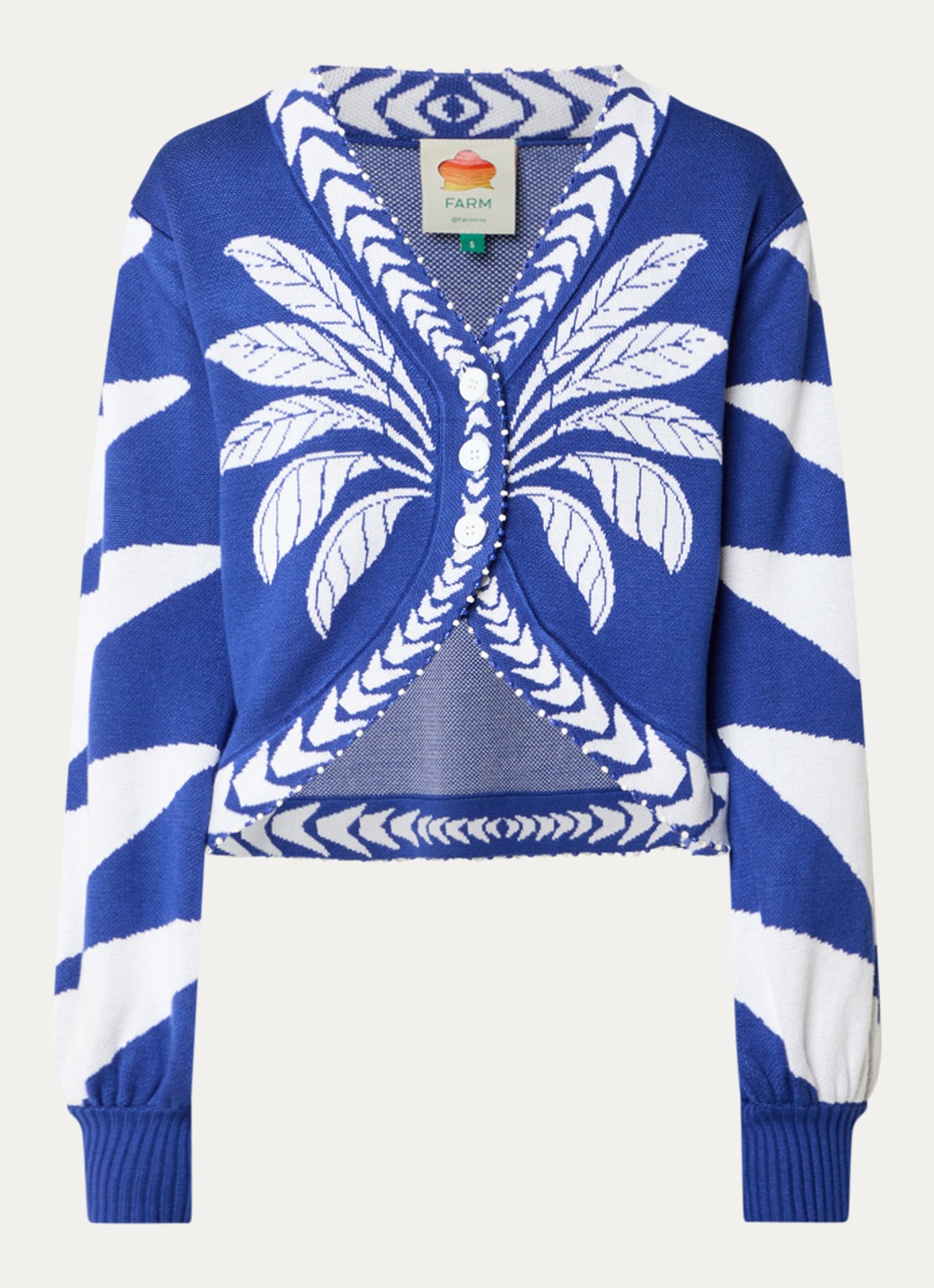 Farm Rio Blue Palm fijngebreid vest met bladprint - voorkant royalblauw