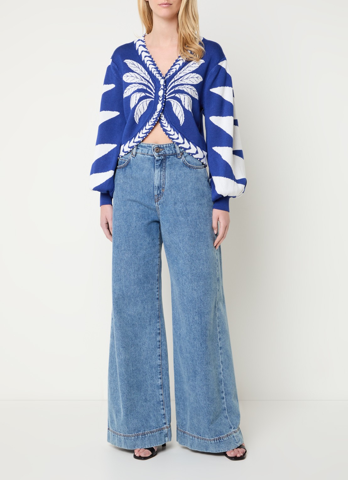 Farm Rio Blue Palm fijngebreid vest met bladprint - voorkant 2 royalblauw