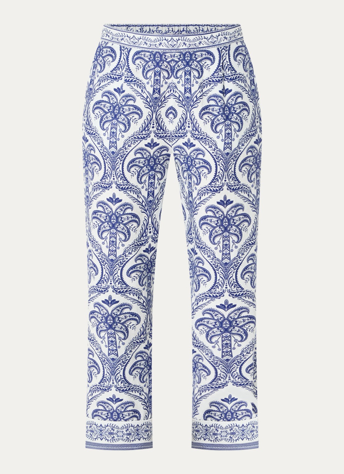 Farm Rio Blue Tropical mid waist straight fit cropped broek in linnenblend met paisley dessin - voorkant kobaltblauw