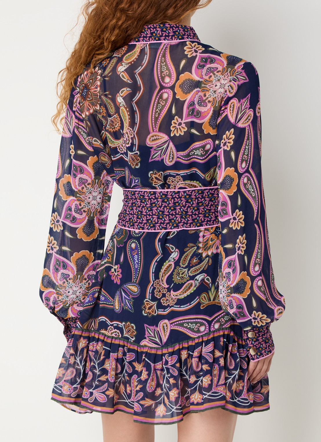 Farm Rio Boho mini tuniekjurk met paisley dessin en strikceintuur - achterkant 2 donkerblauw
