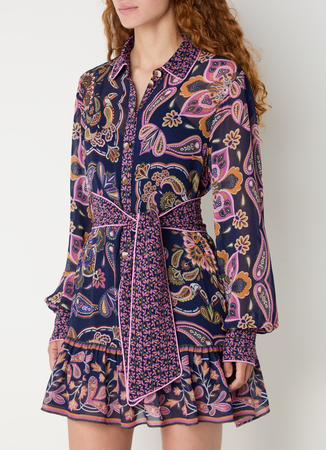 Farm Rio Boho mini tuniekjurk met paisley dessin en strikceintuur - detail donkerblauw